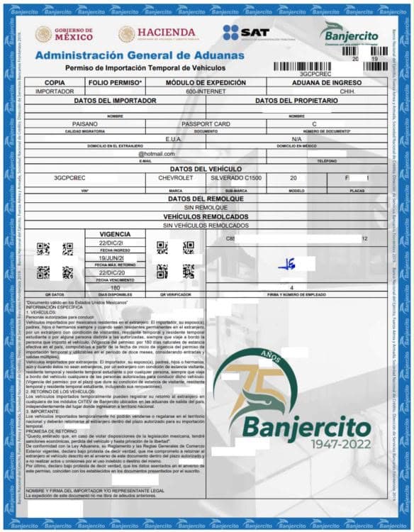 Ejemplo de un permiso de importación temporal de vehículos