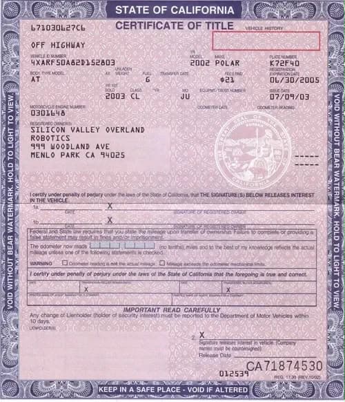Ejemplo de un título vehicular de California